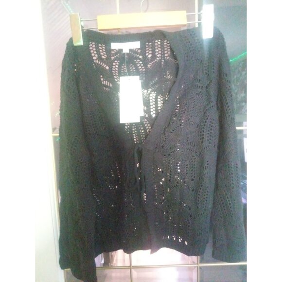 Cleo Cotton Black Crochet Cardigan Cover Up Long Sleeve Size Small - Picture 4 of 8